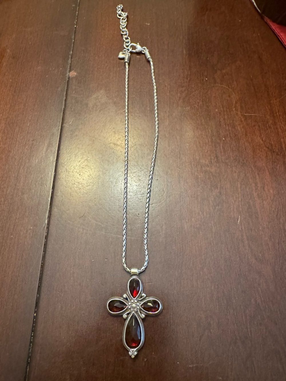 Brighton "La Vie" Red Cross Pendant Necklace w/teardrop shaped red crystals